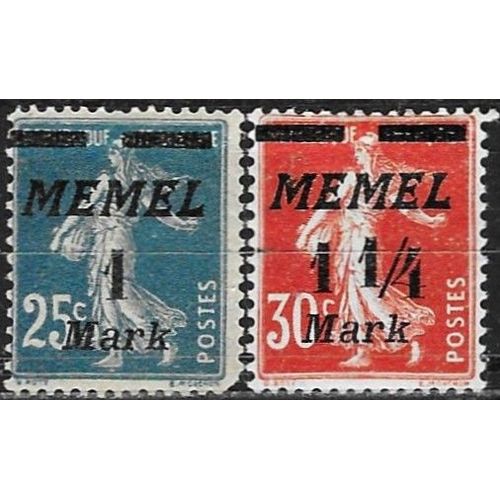 Lituanie 1922, Enclave De Memel Sous Adm. Française, Beaux Timbres Neufs* Yvert 67 Et 68, Types Semeuse 25c. Bleu Et 30c. Rouge Surchargés "Memel" Et Nouvelle Valeur.