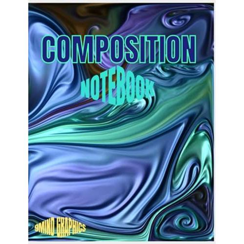 Cute Composition Notebook Wide Ruled For Girls Large: Blue, Green Abstract Digital Art Fractal Pattern, Wavy Texture
