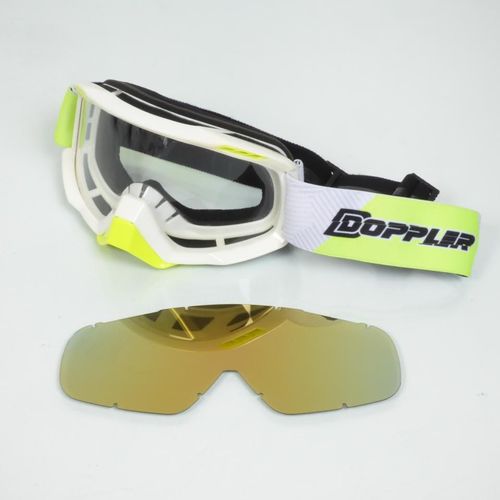 Masque Lunette Cross Blanc Jaune Doppler Ecran Transparent Et Iridium Pour Moto