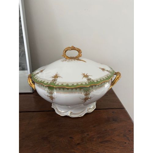 Vintage Ancienne Soupière Verte À Dorures Porcelaine De Limoges