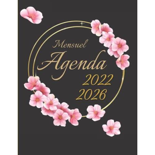 Agenda 2022 - 2026: Fleurs Roses Et Motif Aquarelle Or. Planificateur Mensuel De 5 Ans. Grand Format 22x28 Cm. Calendrier De 60 Mois, 2 Pages Par Mois. Espace De Notes, To Do List.