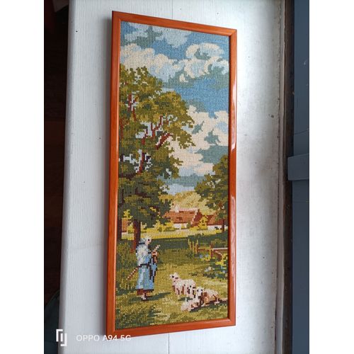 Canevas Tapisserie Francais Vintage Fait Main Fini A L Aiguille Motif Bergere Avec Moutons