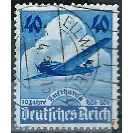 Allemagne, 3ème Reich, 1936, Beau Timbre De Poste Aérienne Yvert 54, 10ème Anniversaire De La Compagnie Aérienne Lufthansa : Filigrane 'croix Gammées', Oblitéré, Tbe -