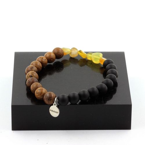 Bracelet Opale Jaune D'australie + Perles Onyx Noir Mat + Bois 8 Mm. Fabriqué En France.