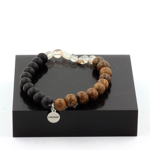 Bracelet Quartz Améthyste Rutile Du Brésil + Perles Onyx Noir Mat + Fabriqué En France.