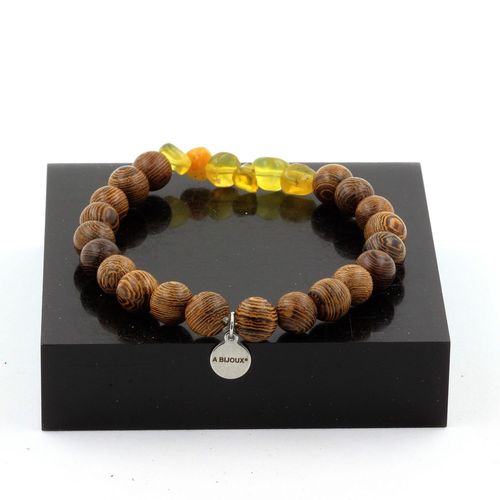 Bracelet Opale Jaune D'australie + Perles Bois 8 Mm. Fabriqué En France.