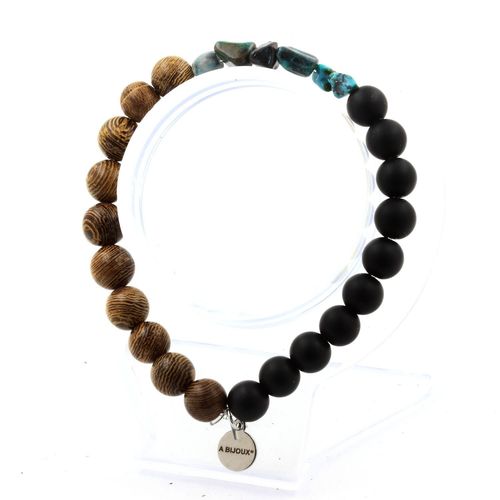Bracelet Chrysocolle Des Usa + Perles Onyx Noir Mat + Bois 8 Mm. Fabriqué En France.