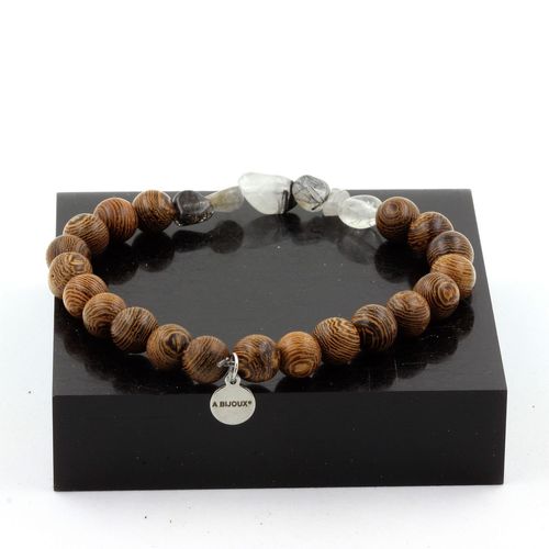 Bracelet Quartz À Inclusions De Tourmaline Du Brésil + Perles Bois 8 Fabriqué En France.
