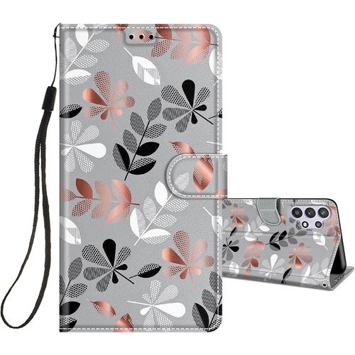 Coque En Cuir Pour Samsung Galaxy A32 5g À Rabat Et Folio Portefeuille Pour Filles Gar Ons Femme, Housse Cuir Fentes Pour Cartes Étui Antichoc 360 Degrés Silicone Feuilles