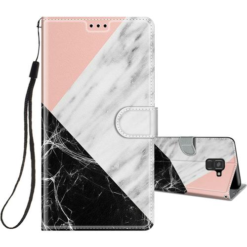 Coque Pour Samsung Galaxy A8 2018 Cuir À Rabat Etui Folio Portefeuille Pour Filles Femme, Housse Cuir Fentes Pour Cartes Étui Antichoc 360 Degrés Cover Silicone-Marbre