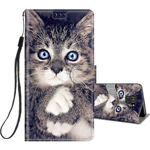 Coque Pour Samsung Galaxy A8 2018 Cuir À Rabat Etui Folio Portefeuille Pour Filles Femme, Housse Cuir Fentes Pour Cartes Étui Antichoc 360 Degrés Cover Silicone-Chat Gris