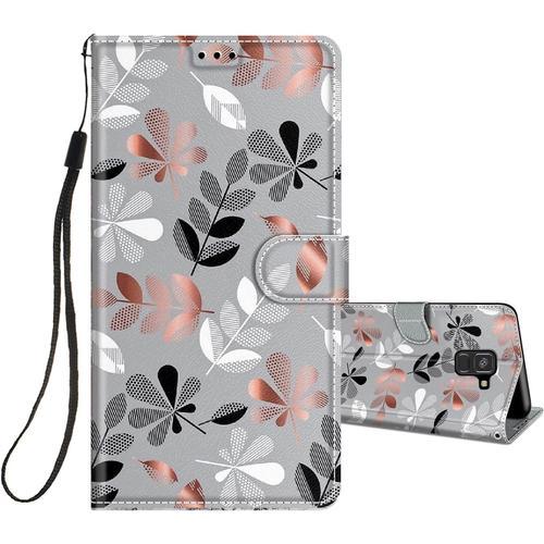 Coque Pour Samsung Galaxy A8 2018 Cuir À Rabat Etui Folio Portefeuille Pour Filles Femme, Housse Cuir Fentes Pour Cartes Étui Antichoc 360 Degrés Cover Silicone-Feuilles