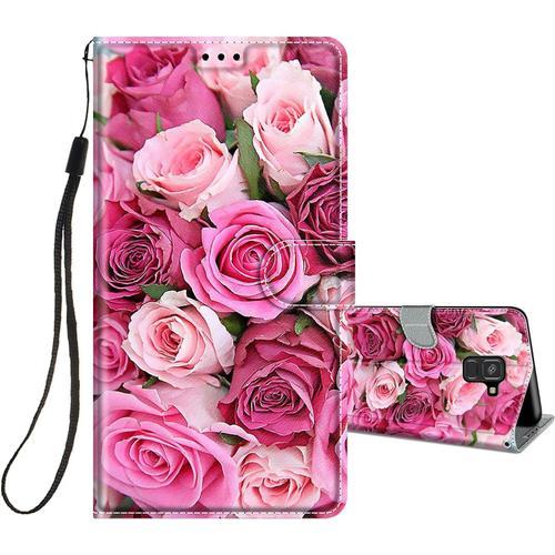 Coque Pour Samsung Galaxy A8 2018 Cuir À Rabat Etui Folio Portefeuille Pour Filles Femme, Housse Cuir Fentes Pour Cartes Étui Antichoc 360 Degrés Cover Silicone-Rose/Pink