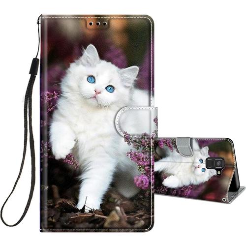 Coque Pour Samsung Galaxy A8 2018 Cuir À Rabat Etui Folio Portefeuille Pour Filles Femme, Housse Cuir Fentes Pour Cartes Étui Antichoc 360 Degrés Cover Silicone-Chat Blanc