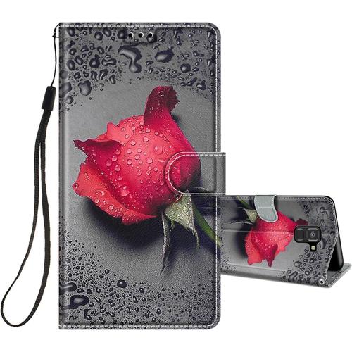 Coque Pour Samsung Galaxy A8 2018 Cuir À Rabat Etui Folio Portefeuille Pour Filles Femme, Housse Cuir Fentes Pour Cartes Étui Antichoc 360 Degrés Cover Silicone-Rose/Rouge