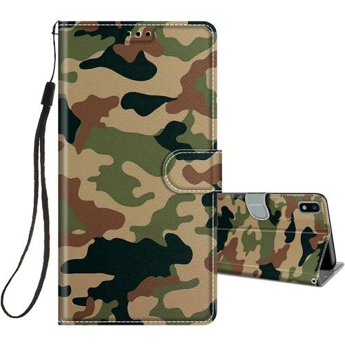 Coque Pour Samsung Galaxy A10 2019 Cuir À Rabat Etui Folio Portefeuille Pour Filles Femme, Housse Cuir Fentes Pour Cartes Étui Antichoc 360 Degrés Cover Silicone Camouflage