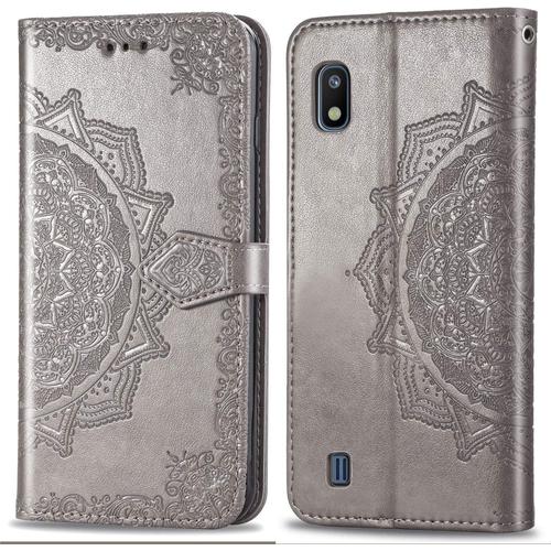 Pour Coque Samsung Galaxy A10 2019 Cuir Rabat Motif Mandala Silicone Antichoc Etui Samsung A10 Portefeuille Support Housse Fine Leather Case Protection Pour Filles Femmes-Gris