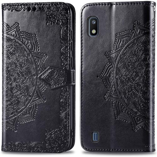 Pour Coque Samsung Galaxy A10 2019 Cuir Rabat Motif Mandala Silicone Antichoc Etui Samsung A10 Portefeuille Support Housse Fine Leather Case Protection Pour Filles Femmes-Noir