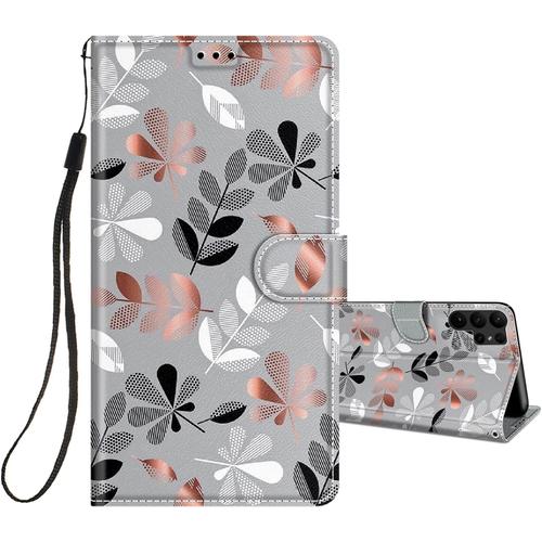 Coque Pour Samsung Galaxy S23 Ultra Housse Cuir À Rabat Etui Folio Portefeuille Motif Pour Filles Femme Garçons, Flip Case Cuir Pu Étui Antichoc Cover Pour Samsung S23 Ultra, Feuilles