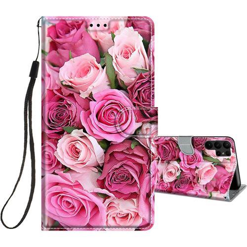 Coque Pour Samsung Galaxy S23 Ultra Housse Cuir À Rabat Etui Folio Portefeuille Motif Pour Filles Femme Garçons, Flip Case Cuir Pu Étui Antichoc Cover Pour Samsung S23 Ultra, Rose Rose