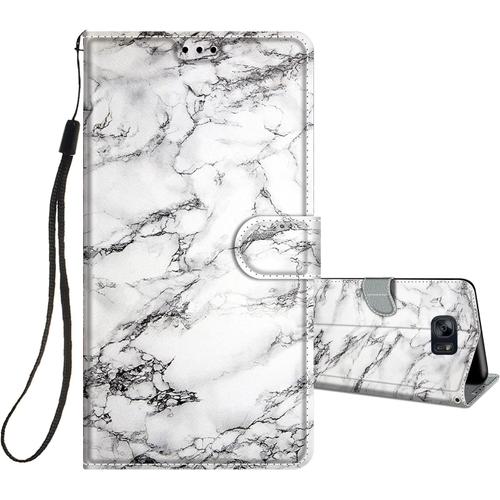 Coque Pour Samsung Galaxy S7 Cuir À Rabat Etui Folio Portefeuille Pour Filles Femme, Housse Cuir Fentes Pour Cartes Étui Antichoc 360 Degrés Cover Silicone Marbre Blanc