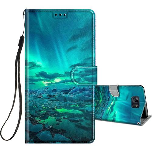 Coque Pour Samsung Galaxy S7 Cuir À Rabat Etui Folio Portefeuille Pour Filles Femme, Housse Cuir Fentes Pour Cartes Étui Antichoc 360 Degrés Cover Silicone Vert