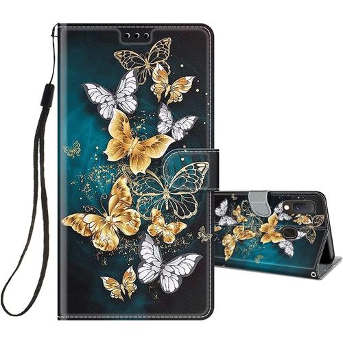 Coque Pour Samsung Galaxy A20e Cuir À Rabat Etui Folio Portefeuille Pour Filles Femme, Housse Cuir Fentes Pour Cartes Étui Antichoc 360 Degrés Cover Silicone-Papillon/Vert