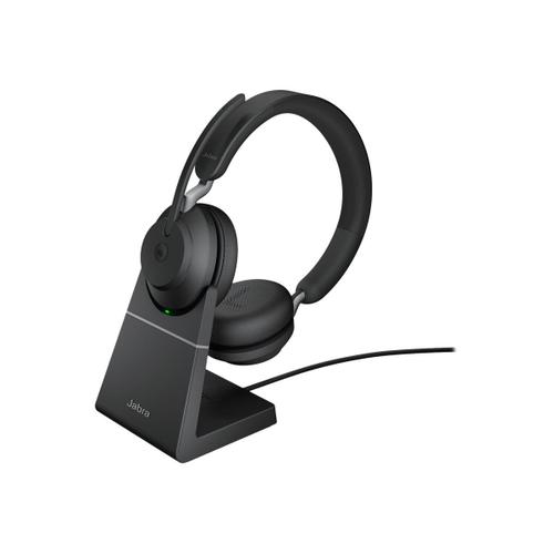 Jabra Evolve2 65 MS Stereo - Micro-casque - sur-oreille - Bluetooth - sans fil - USB-C - isolation acoustique - noir - avec support de chargement - Certifié pour Microsoft Teams