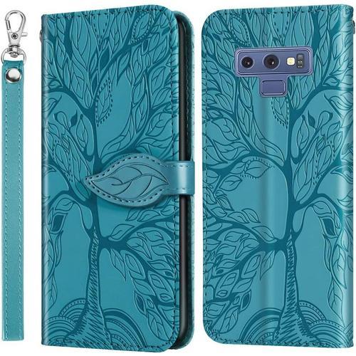 Coque Pour Samsung Galaxy Note 9, Étui Portefeuille En Cuir Imprimé Magnétique Avec Fente Pour Carte Et Protection Antichoc Pour Galaxy Note 9. Arbre Bleu Rxz