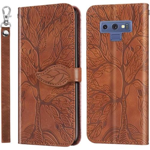 Coque Pour Samsung Galaxy Note 9, Étui Portefeuille En Cuir Imprimé Magnétique Avec Fente Pour Carte Et Protection Antichoc Pour Galaxy Note 9. Arbre Brun Rxz