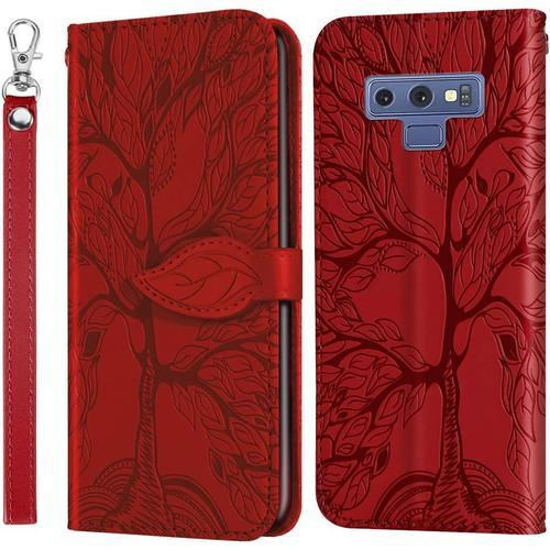 Coque Pour Samsung Galaxy Note 9, Étui Portefeuille En Cuir Imprimé Magnétique Avec Fente Pour Carte Et Protection Antichoc Pour Galaxy Note 9. Arbre Rouge Rxz