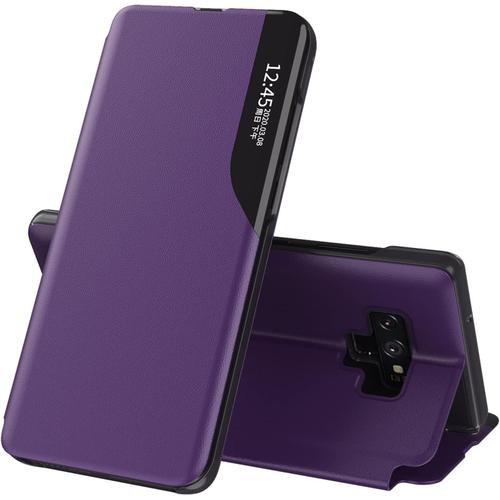 Coque Pour Samsung Galaxy Note 9, Flip Housse Étui À Rabat Avec Fonction Support, Fenêtre Transparente Pc + Cuir Pu Antichoc Magnétique Pour Samsung Note 9. Violet Qh1