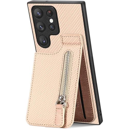 Coque Portefeuille Pour Samsung Galaxy S23 Ultra, Housse De Protection En Cuir Pu Fermeture Éclair Magnétique Slot De Carte Étui Fonction Support Pour Samsung S23 Ultra. Apricot Sd1