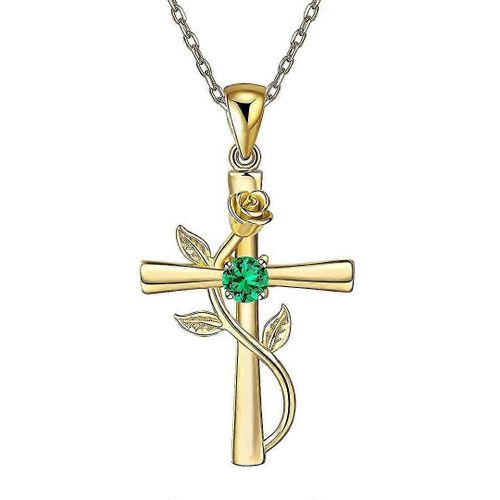 Betterlifefg-Cross Collier En Or Rose Serti Avec Zirconium Pierre De Naissance Pendentif Collier Bijoux Fins Cadeau, Or (Mai)