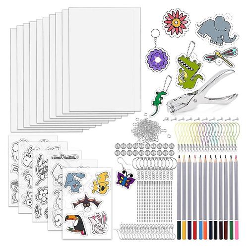 Kit De 218 Feuilles De Plastique Rétractables : 15 Feuilles De Plastique, Porte-Clés, Perforatrice Et Crayons Pour L¿Artisanat. Parfait Pour Les Enfants