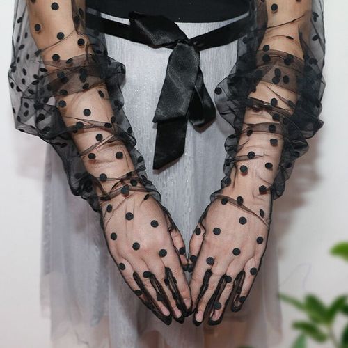Gants courts en tulle transparent pour femmes,gants de robe de mariée,mitaines transparentes à pois blancs et noirs,longueur du poignet,gants pour patients,mode de mariage