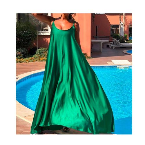 Robe Longue Satin Vert 46/48 Bretelles Soiree Summer Time Ete Chic Glamour Feminin Ceremonie Fetes Cocktail Fluide Tissu Elegant Soyeux