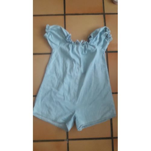 Combinaison Short Enfant En Jean Mmanche Ballon Fronce Lacet Bleu Fillette Coton Très Confortable