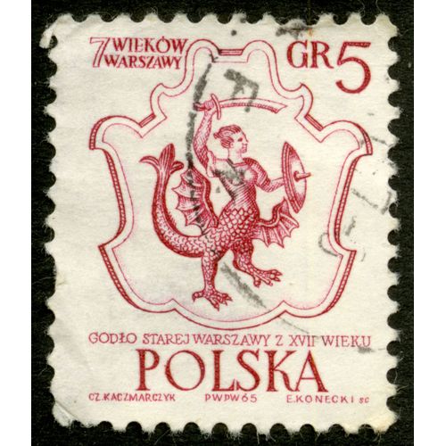 Timbre Oblitéré Polska, 7 Wiekow Warszawy, Godlo Starej Warszawy Z Xvii Wieku, 1965, Gr 5
