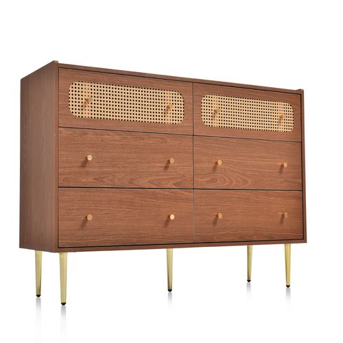 Buffet Vintage 6 Tiroir En Rotin Poignées Et Pieds Dorés 120*90*40cm