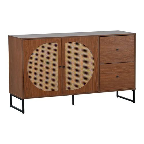 Buffet Effet Bois Style Vintage En Rotin Avec 2 Portes Et 2 Tiroirs