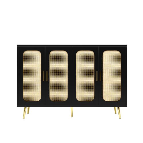 Buffet Noir En Rotin 4 Portes Poignées Pieds Dorés 120x30x89cm