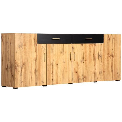 Buffet Effet Bois Et Noir 4 Portes 2 Tiroirs Poignées Dorés