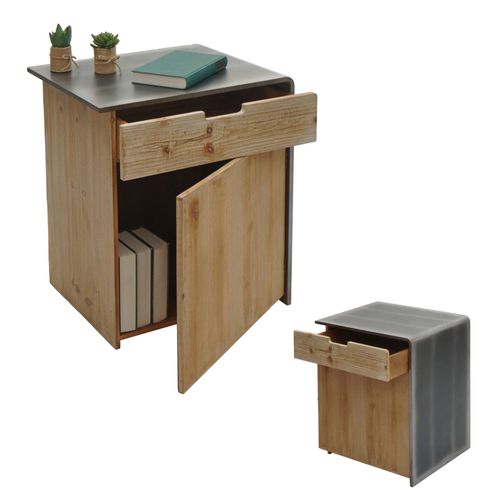 Commode Hwc-L76, Table De Chevet D'appoint, Bois Massif Industriel Certifié Mvg 60x50x40cm, Naturel Avec Aspect Métal