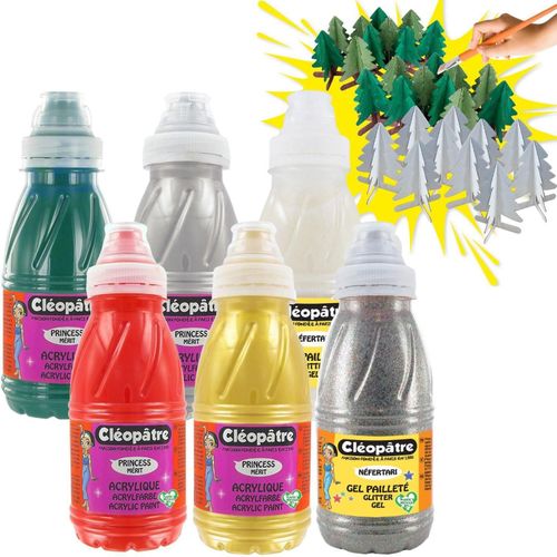 Cleopatre Lot Créatif Noël 4 Peintures Acryliques + 2 Gel Pailletés + 30 Sapins Carton