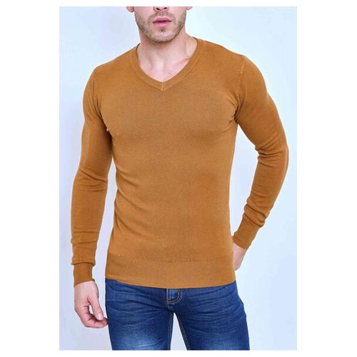 Pull Manches Longues Col V Marron Homme