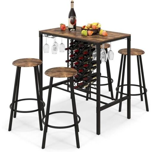 COSTWAY Table à Manger Hauteur Comptoir - 4 Tabourets Inclus | Style Industriel Noyer & Noir | Idéal Petit Espace