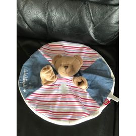 Doudou Plat Rond Ours Lulucastagnette Jemini  Bleu Jean Raye Rouge Mauve
