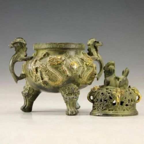 Statue de dragon lion Antique en Bronze à collectionner, Vieux encensoir à encensoir signé