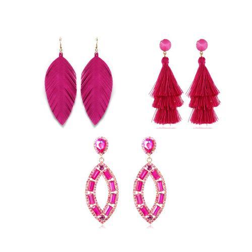 3 Paires De Boucles D'oreilles Pendantes Géométriques Rectangulaires, Boucles D'oreilles Créoles Pendantes Bohèmes Pour Femmes, Boucles D'oreilles Pendantes Rose Vif, Boucles D'oreilles Pendantes Légères